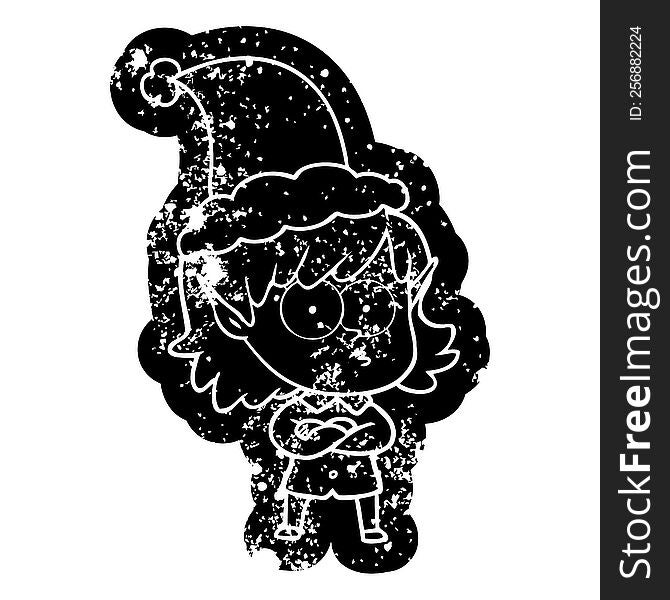 quirky cartoon distressed icon of a elf girl staring wearing santa hat