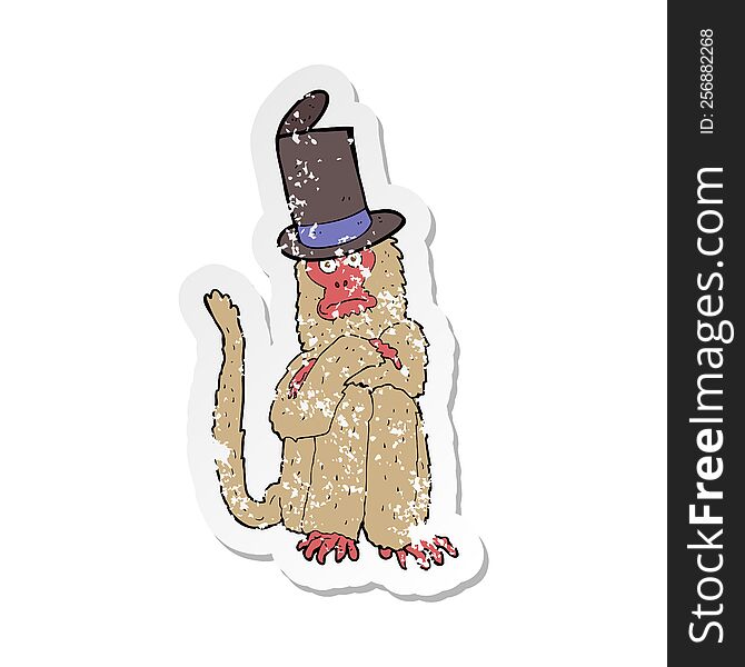 Retro Distressed Sticker Of A Cartoon Monkey Wearing Hat