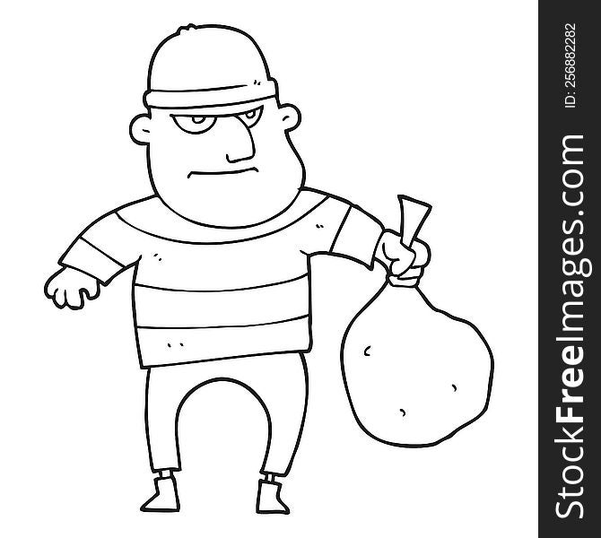 black and white cartoon burglar with loot bag