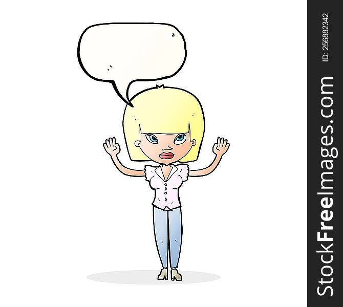 cartoon woman with raised hands with speech bubble