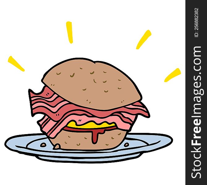 cartoon amazingly tasty bacon breakfast sandwich with cheese. cartoon amazingly tasty bacon breakfast sandwich with cheese