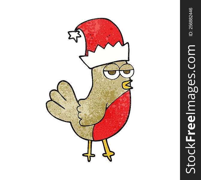 Textured Cartoon Robin In Christmas Hat