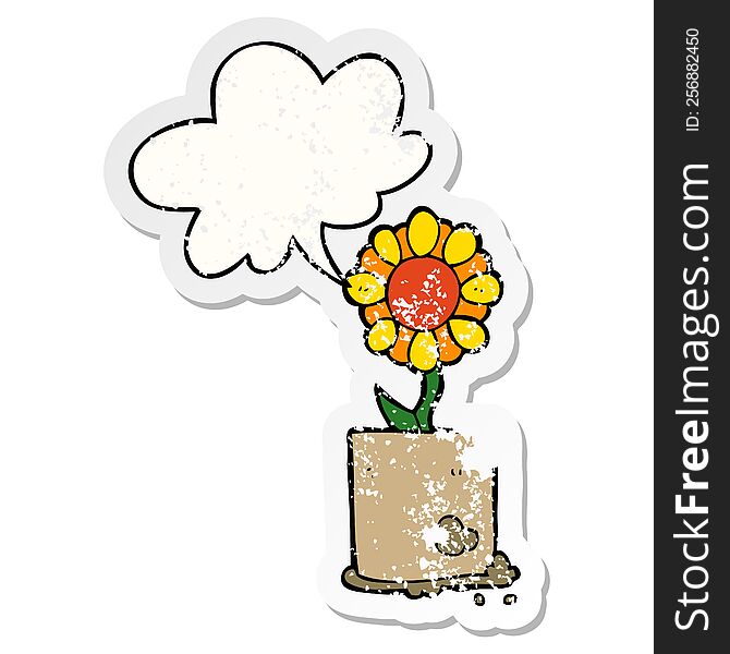 cartoon flower with speech bubble distressed distressed old sticker. cartoon flower with speech bubble distressed distressed old sticker