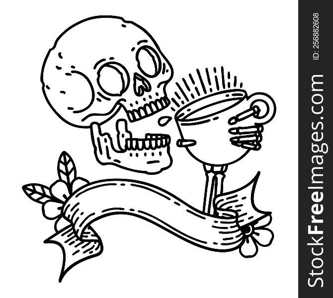 traditional black linework tattoo with banner of a skull drinking coffee