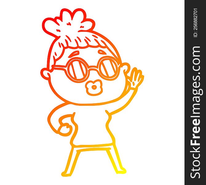 warm gradient line drawing of a cartoon waving woman wearing sunglasses