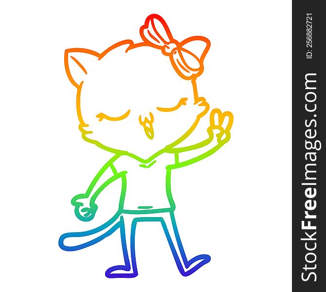 rainbow gradient line drawing of a cartoon cat with bow on head giving peace sign