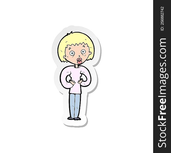 sticker of a cartoon woman gesturing at self