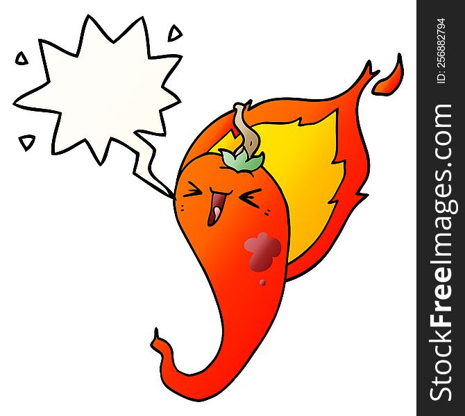 cartoon flaming hot chili pepper with speech bubble in smooth gradient style