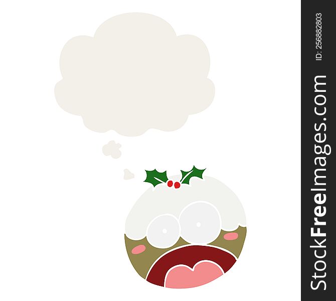 cartoon shocked chrstmas pudding with thought bubble in retro style