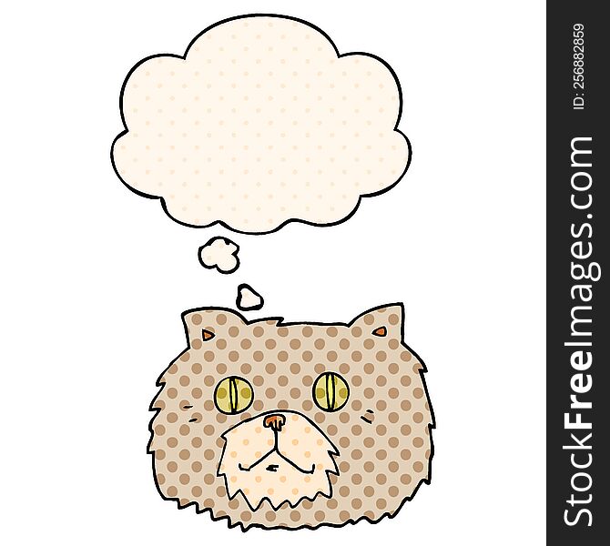 cartoon cat face with thought bubble in comic book style