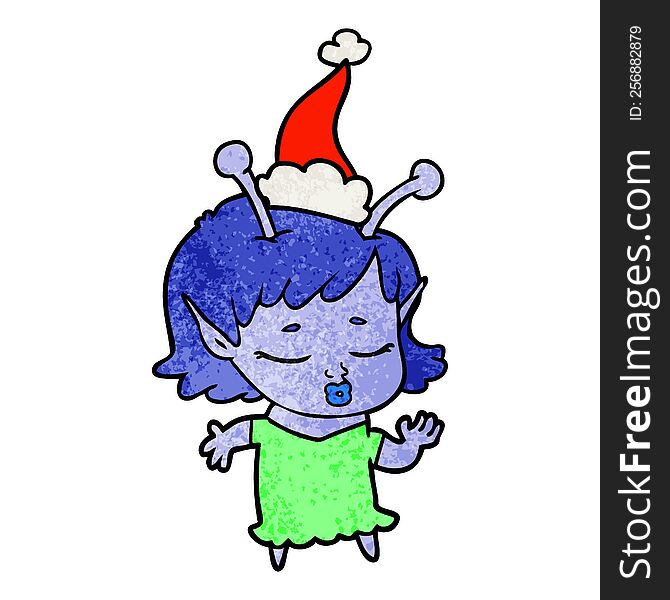 cute alien girl textured cartoon of a wearing santa hat