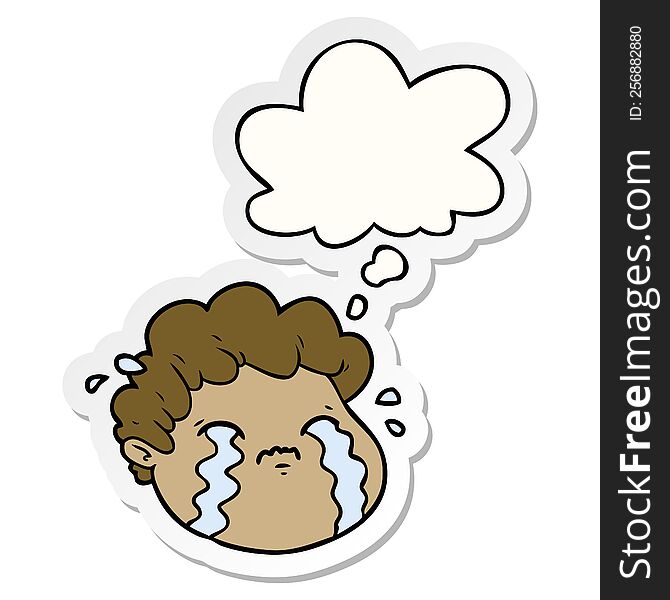 cartoon crying boy with thought bubble as a printed sticker