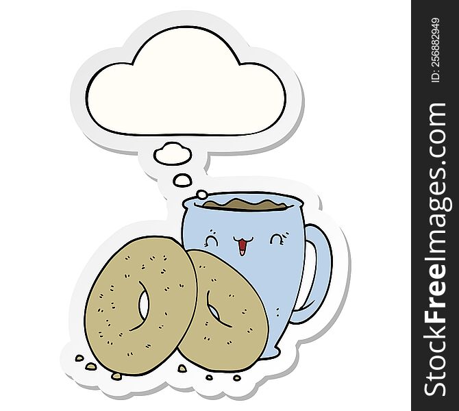 cartoon coffee and donuts with thought bubble as a printed sticker