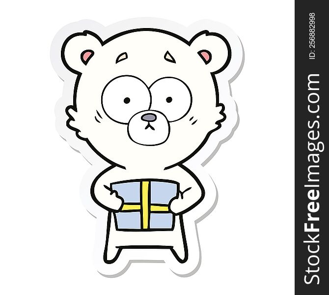 sticker of a nervous polar bear cartoon with gift