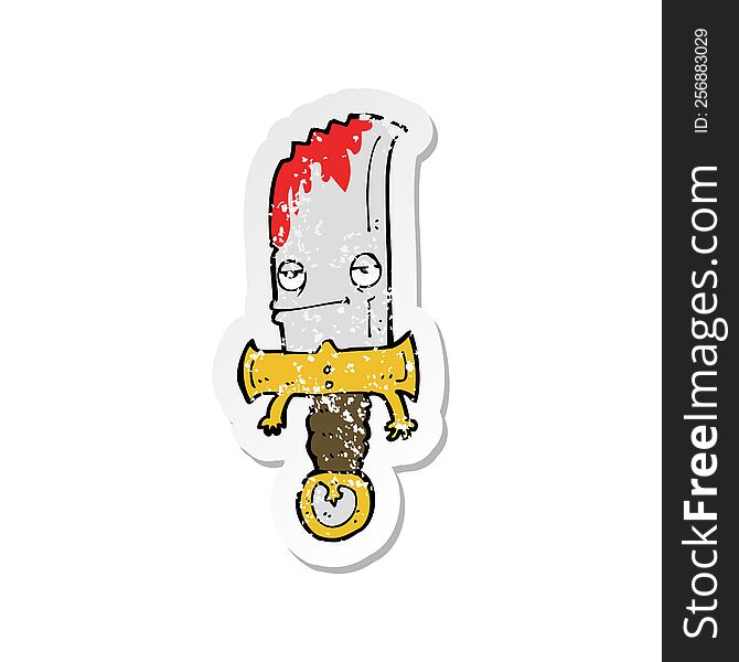 retro distressed sticker of a bloody knife cartoon character