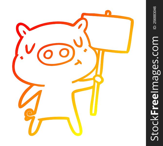 warm gradient line drawing of a cartoon content pig signpost;sign