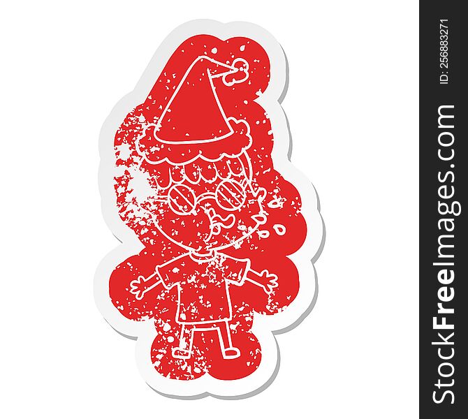 quirky cartoon distressed sticker of a boy wearing spectacles wearing santa hat