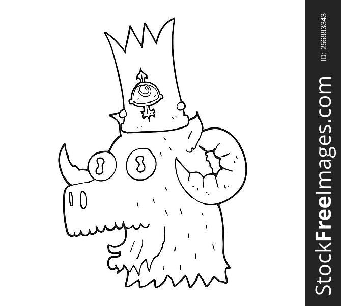freehand drawn black and white cartoon ram head with magical crown