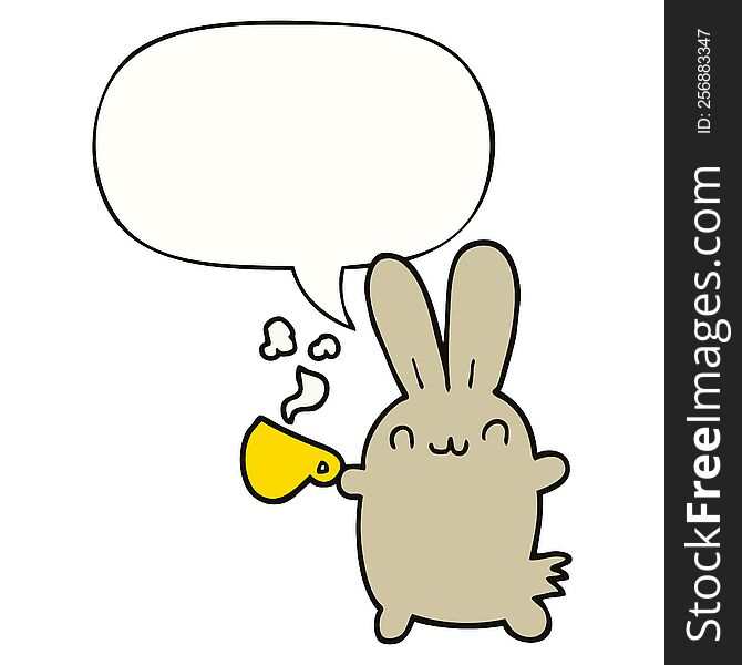 Cute Cartoon Rabbit Drinking Coffee And Speech Bubble