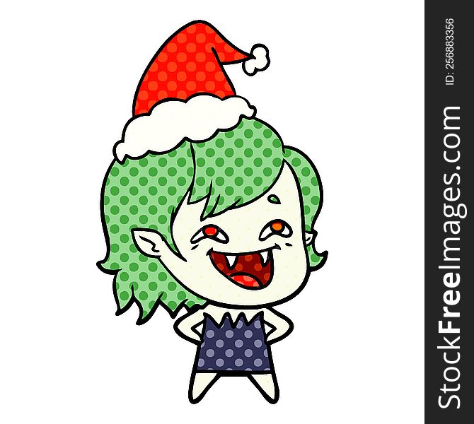 hand drawn comic book style illustration of a laughing vampire girl wearing santa hat
