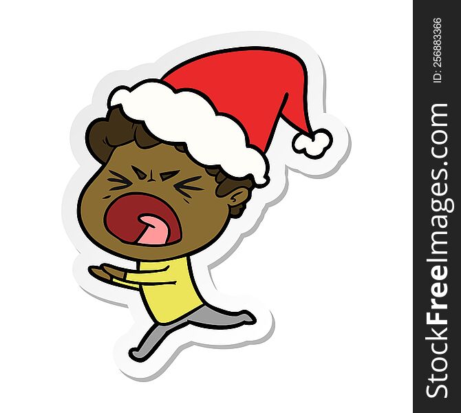 sticker cartoon of a furious man wearing santa hat