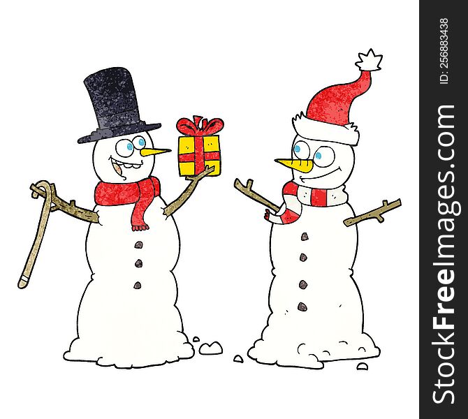 freehand textured cartoon snowmen exchanging gifts