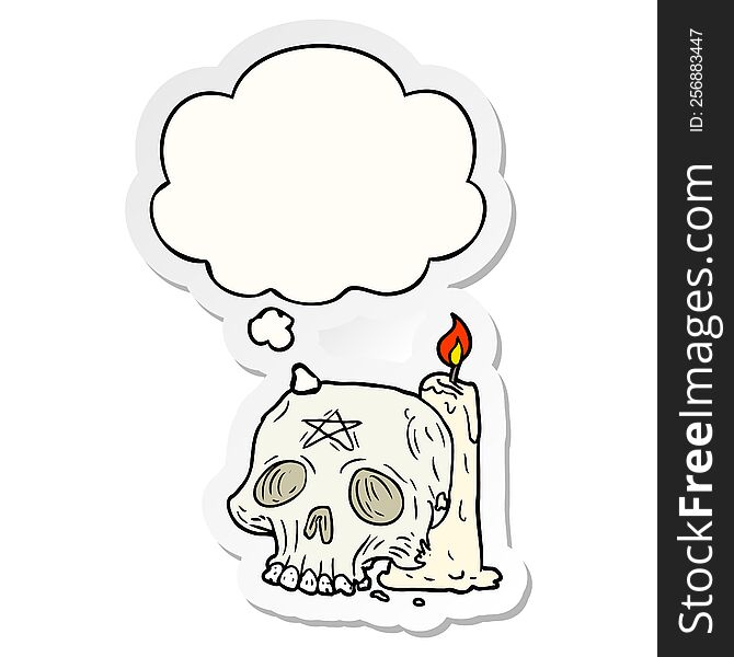 Cartoon Spooky Skull And Candle And Thought Bubble As A Printed Sticker