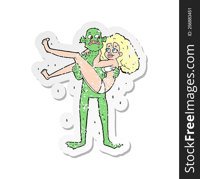 retro distressed sticker of a cartoon swamp monster carrying woman in bikini