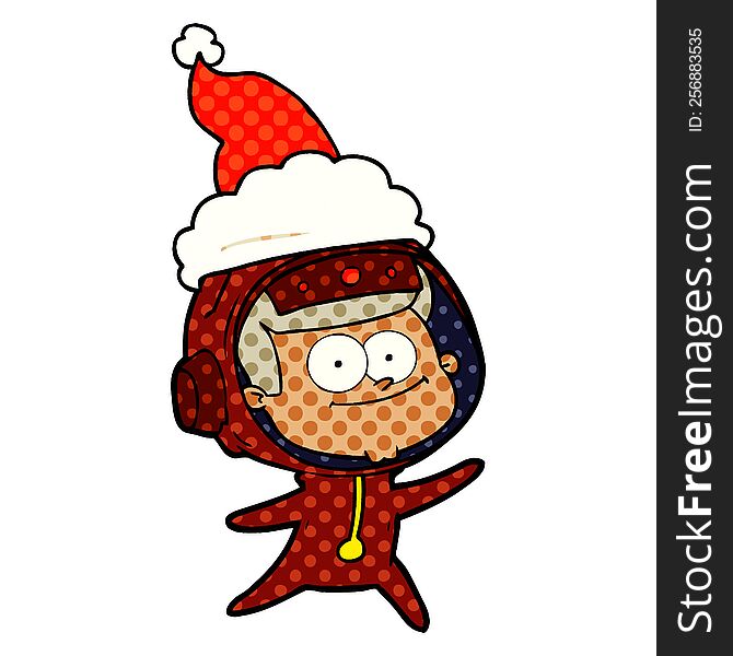 Happy Astronaut Comic Book Style Illustration Of A Wearing Santa Hat