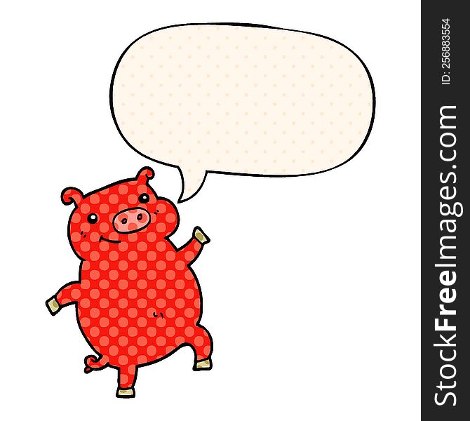 Cartoon Dancing Pig And Speech Bubble In Comic Book Style