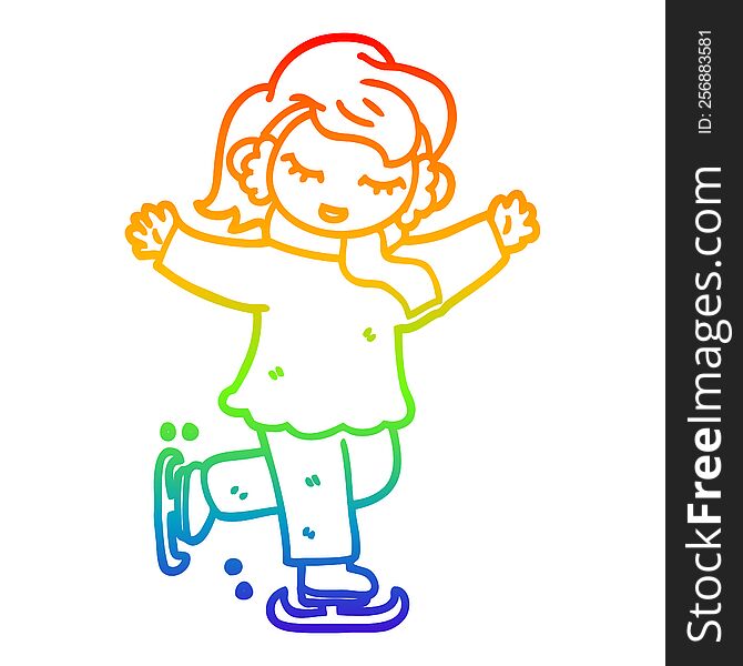 rainbow gradient line drawing cartoon girl ice skating