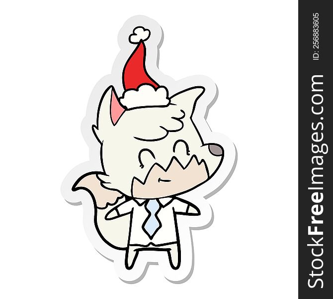 Sticker Cartoon Of A Friendly Fox Wearing Santa Hat