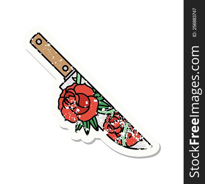 Traditional Distressed Sticker Tattoo Of A Dagger And Flowers