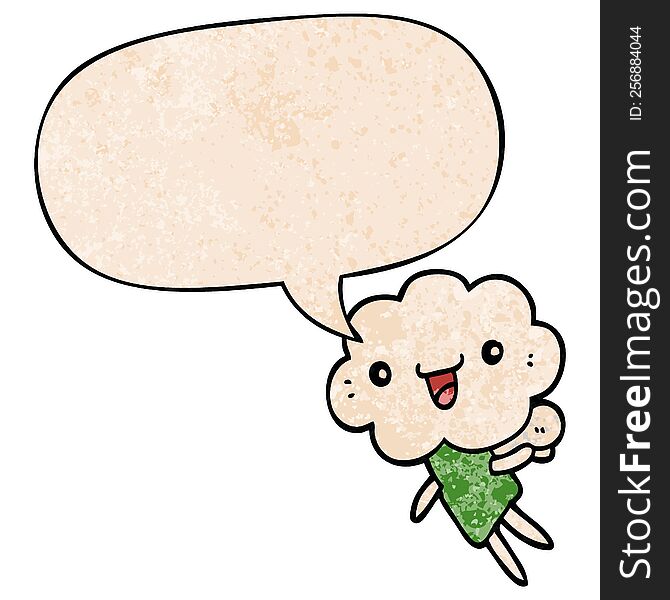 cartoon cloud head creature with speech bubble in retro texture style
