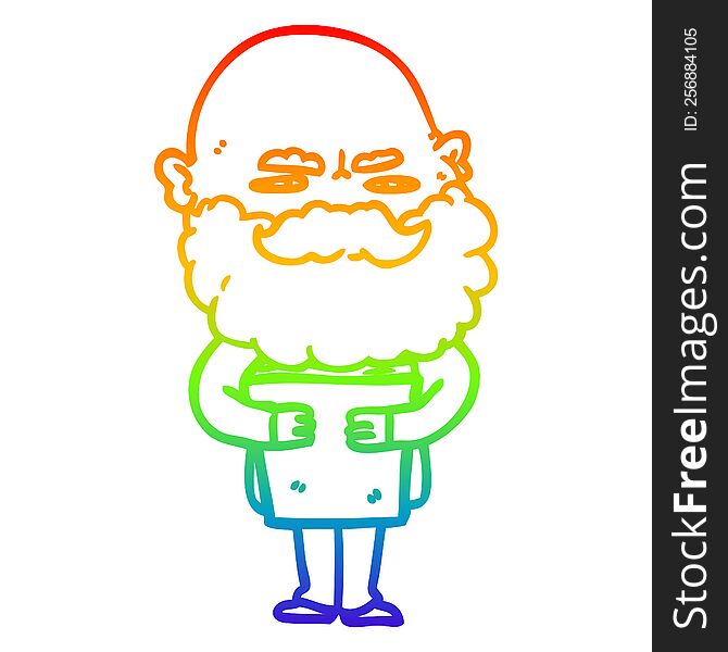 rainbow gradient line drawing cartoon man with beard frowning