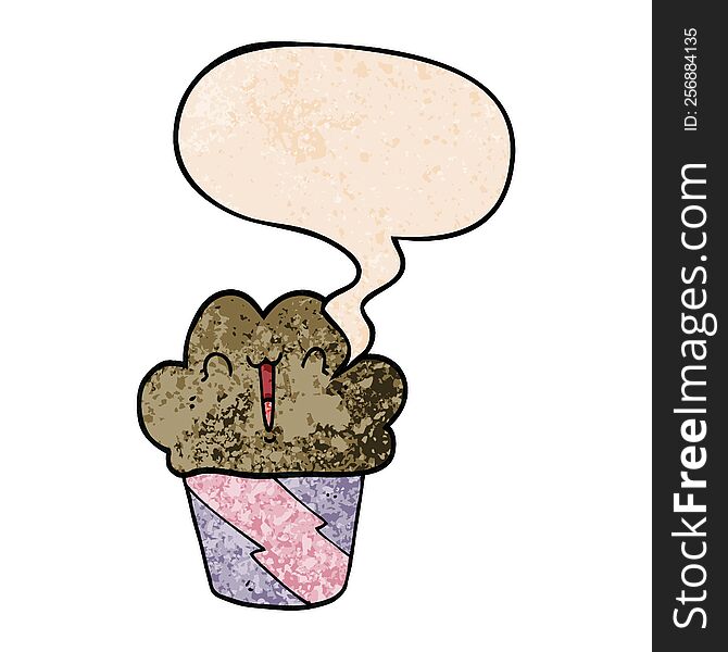 Cartoon Cupcake And Face And Speech Bubble In Retro Texture Style