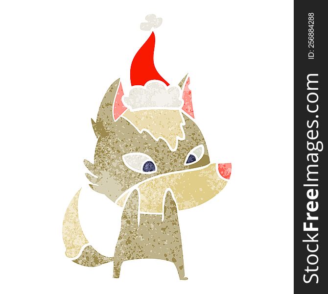 shy hand drawn retro cartoon of a wolf wearing santa hat. shy hand drawn retro cartoon of a wolf wearing santa hat