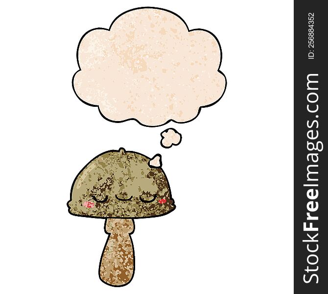 Cartoon Mushroom And Thought Bubble In Grunge Texture Pattern Style