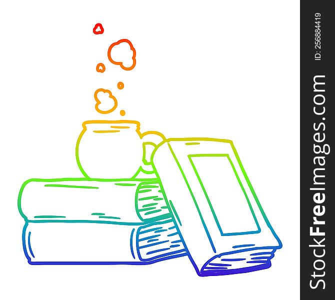 rainbow gradient line drawing of a cartoon coffee cup and study books