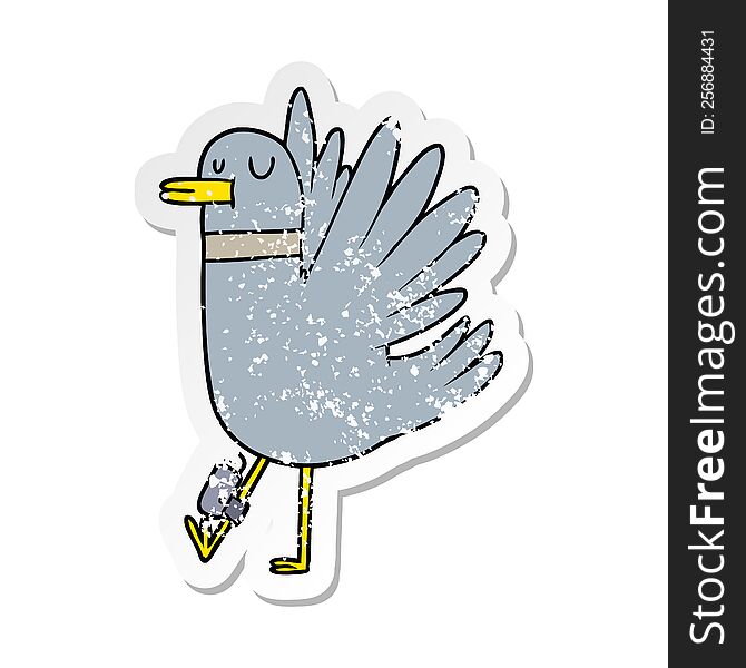 distressed sticker of a cartoon flapping wood pigeon