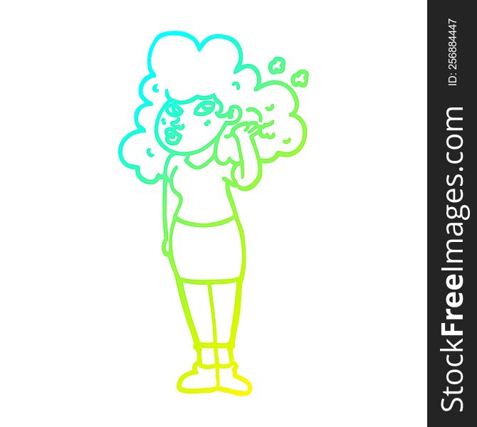 Cold Gradient Line Drawing Cartoon Girl Playing With Hair