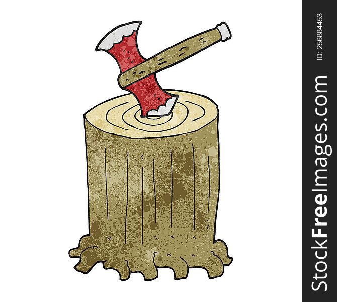freehand textured cartoon tree stump and axe