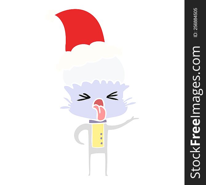 disgusted hand drawn flat color illustration of a alien wearing santa hat. disgusted hand drawn flat color illustration of a alien wearing santa hat