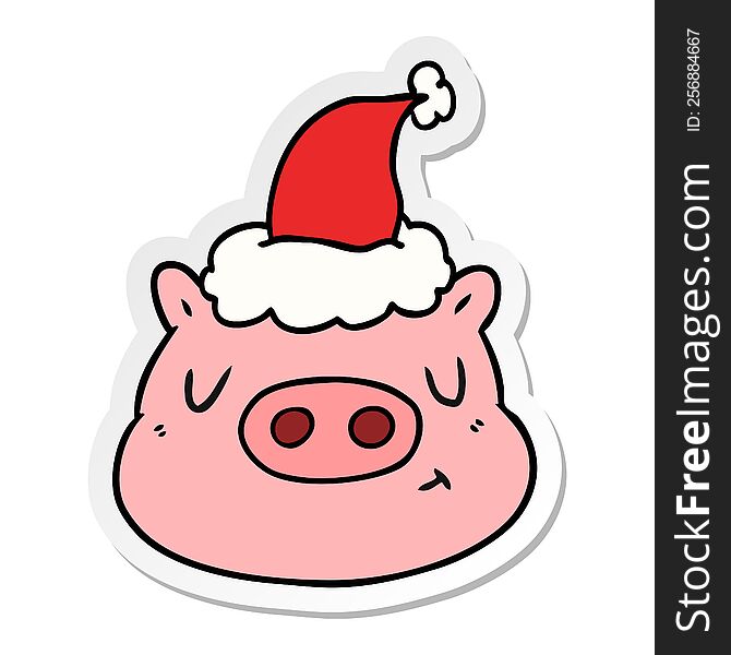 Sticker Cartoon Of A Pig Face Wearing Santa Hat