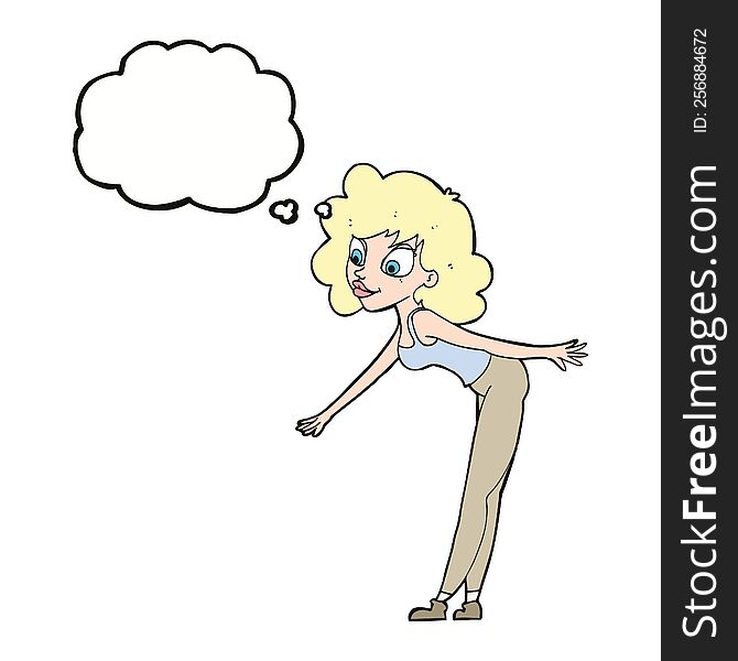 cartoon woman reaching to pick something up with thought bubble