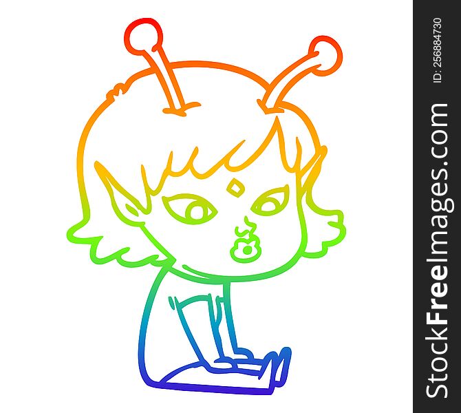 Rainbow Gradient Line Drawing Pretty Cartoon Alien Girl