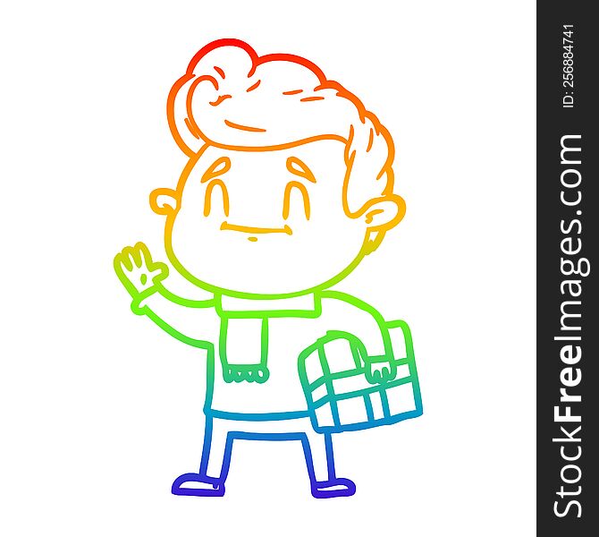 rainbow gradient line drawing of a happy cartoon man with gift