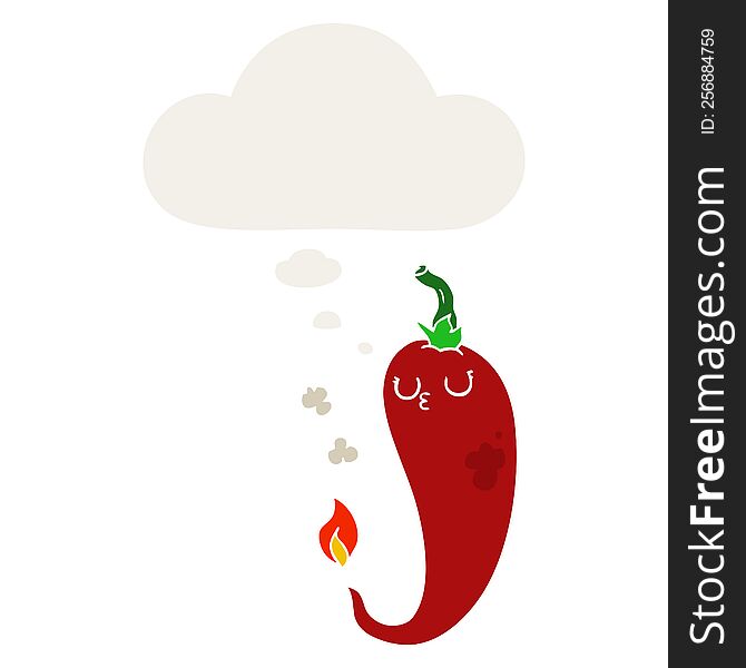 cartoon hot chili pepper with thought bubble in retro style