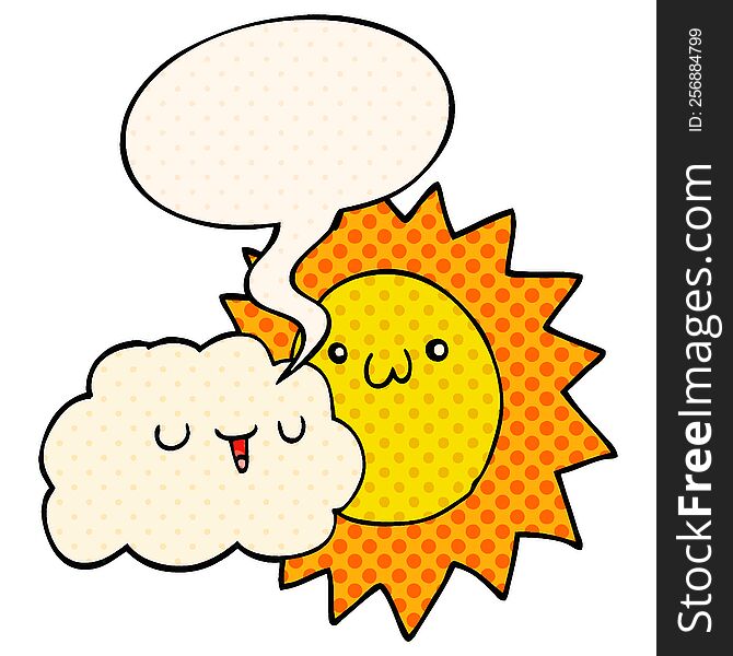 cartoon sun and cloud with speech bubble in comic book style