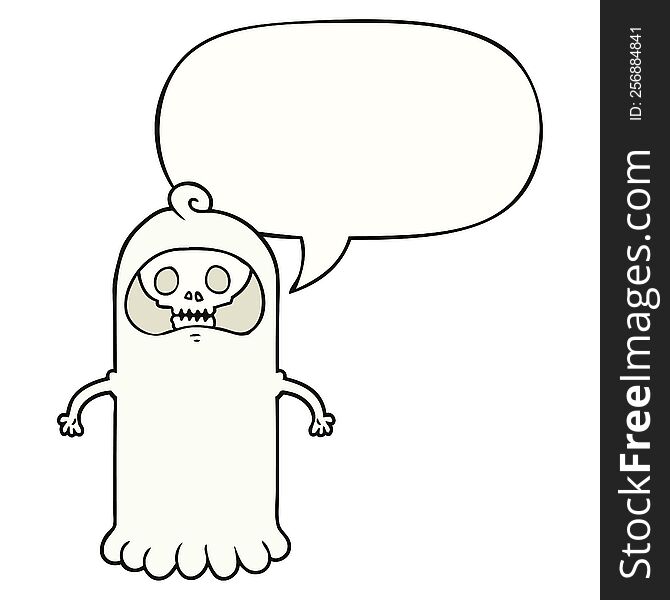 Cartoon Spooky Skull Ghost And Speech Bubble